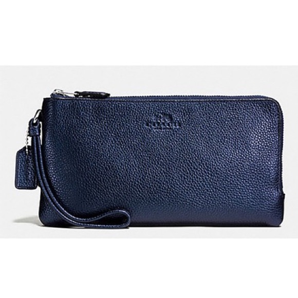 Coach Handbags - Coach Midnight Blue Leather Double Zip Wristlet
